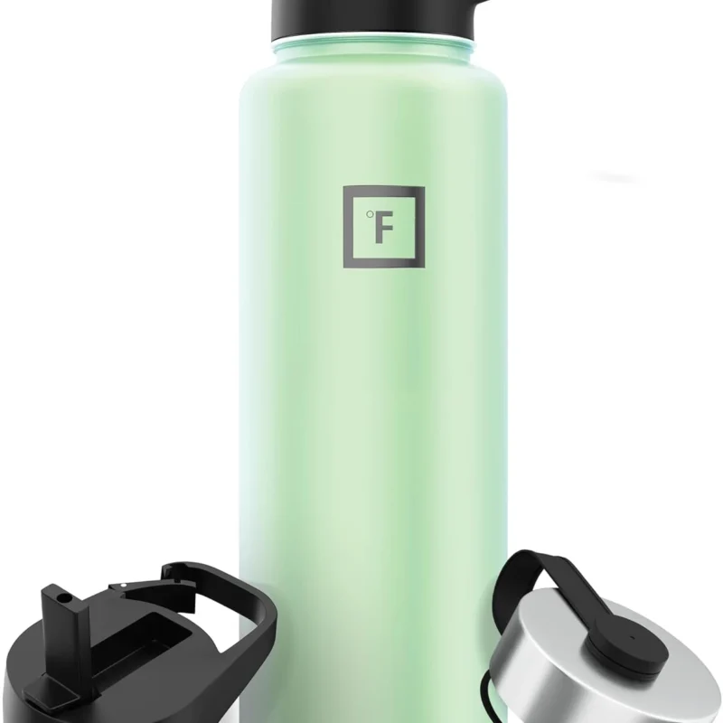 IRON °FLASK Camping & Hiking Hydration Flask, Wide Mouth, 3 Straw Lids, Stainless Steel Outdoor Water Bottle, Double Walled, Insulated Thermos, Metal Canteen - Mint, 40 Oz