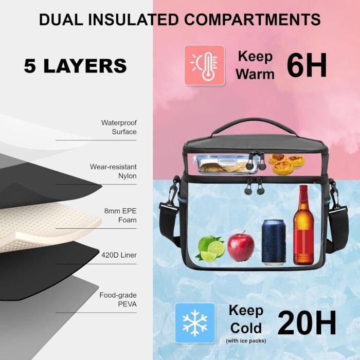 EVERFUN Small Cooler Bag Insulated Mini Beach Cooler Soft Lunch Bag Box for Men Women Dual Compartments Collapsible Waterproof Leak-Proof for Travel Car Picnic, Black - Image 3