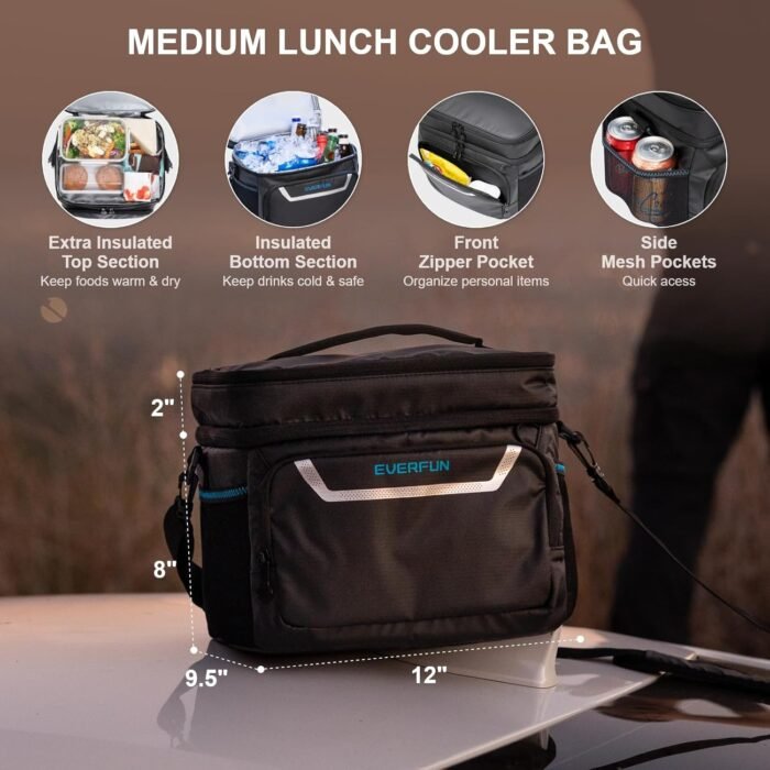 EVERFUN Small Cooler Bag Insulated Mini Beach Cooler Soft Lunch Bag Box for Men Women Dual Compartments Collapsible Waterproof Leak-Proof for Travel Car Picnic, Black - Image 5