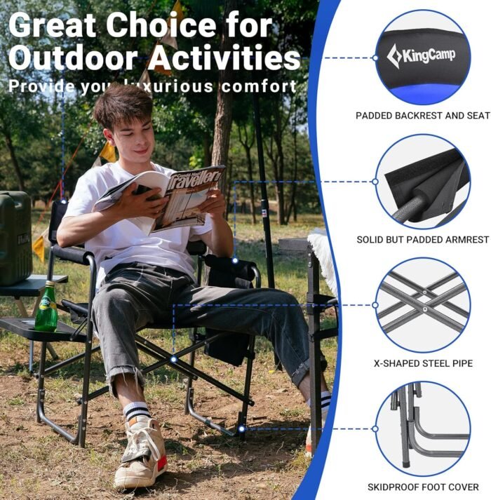 KingCamp Camping Directors Chairs Supports 400 Pounds for Adults, Padded Folding Portable Camping Chair with Side Table, Storage Pockets Blue (2-Pack) - Image 6