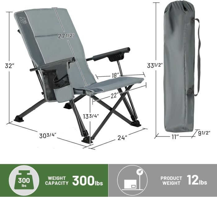 TIMBER RIDGE Folding Camping Chair - Low Profile Heavy Duty Beach Chair with 300 lbs Capacity, 27'' High Back with 3 Position Adjustable - Carry Bag Cup Holder-Grey - Image 3