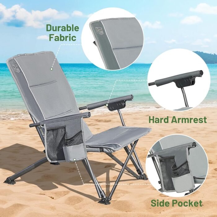 TIMBER RIDGE Folding Camping Chair - Low Profile Heavy Duty Beach Chair with 300 lbs Capacity, 27'' High Back with 3 Position Adjustable - Carry Bag Cup Holder-Grey - Image 4