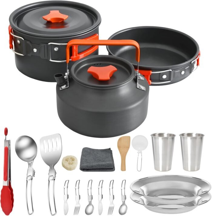 20Pcs Camping Cookware Mess Kit, Non-Stick Lightweight Camping Pots and Pans with 1.1L Kettle, 2 Set Stainless Steel Cups Plates Forks Knives Spoons for Backpacking, Hiking, Outdoor Cooking