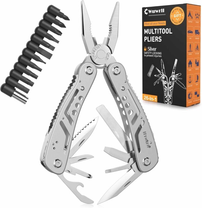 26-in-1 Multitool，Professional Stainless Steel Multi Tools ，Multitool Pliers Pliers Pocket Knife with Heavy Duty Pliers Screwdriver Sleeve, Replaceable Bits Multitools for Outdoor, (silvery)