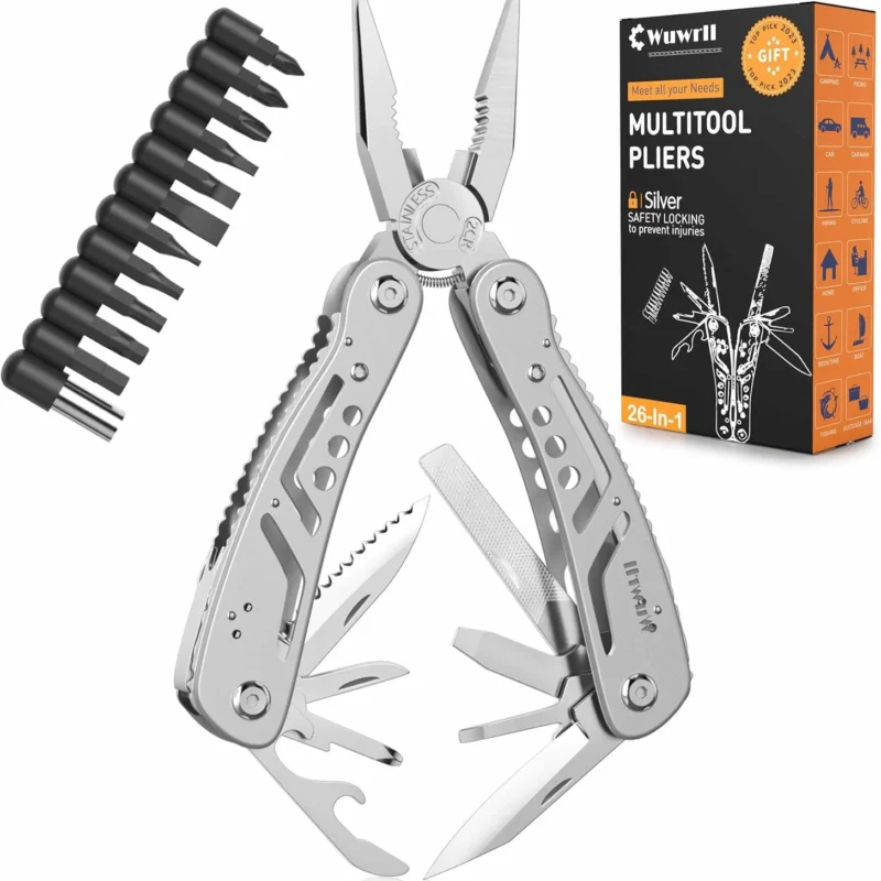 26-in-1 Multitool，Professional Stainless Steel Multi Tools ，Multitool Pliers Pliers Pocket Knife with Heavy Duty Pliers Screwdriver Sleeve, Replaceable Bits Multitools for Outdoor, (silvery)