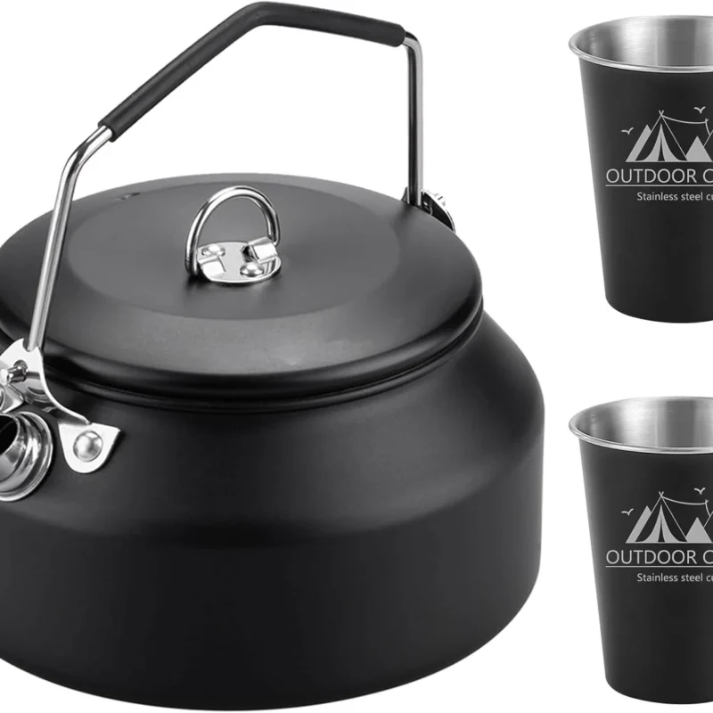 3PCS Camping Kettle Outdoor Campfire Camp Kettle Set with 2 Cups, 1L Stainless Steel camping tea kettle Coffee Pot, Portable Lightweight Teapot, Ideal for Hiking Picnic Travel, Black