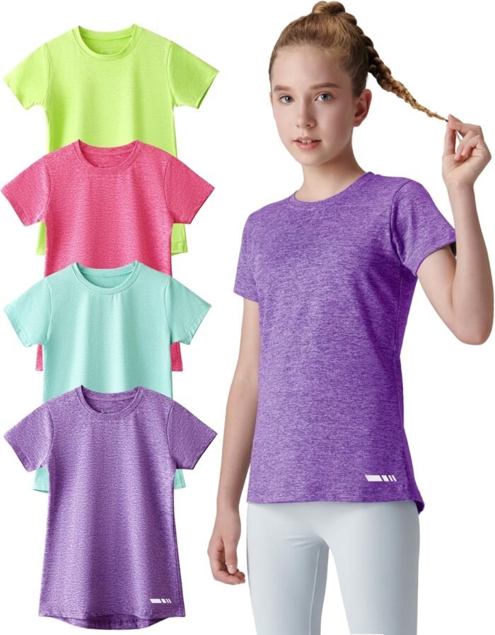 4 Pack: Youth Girls Athletic Shirts, Short Sleeve Dry Fit Apparel Tech Tshirts, Sports Activewear for Kids Teens