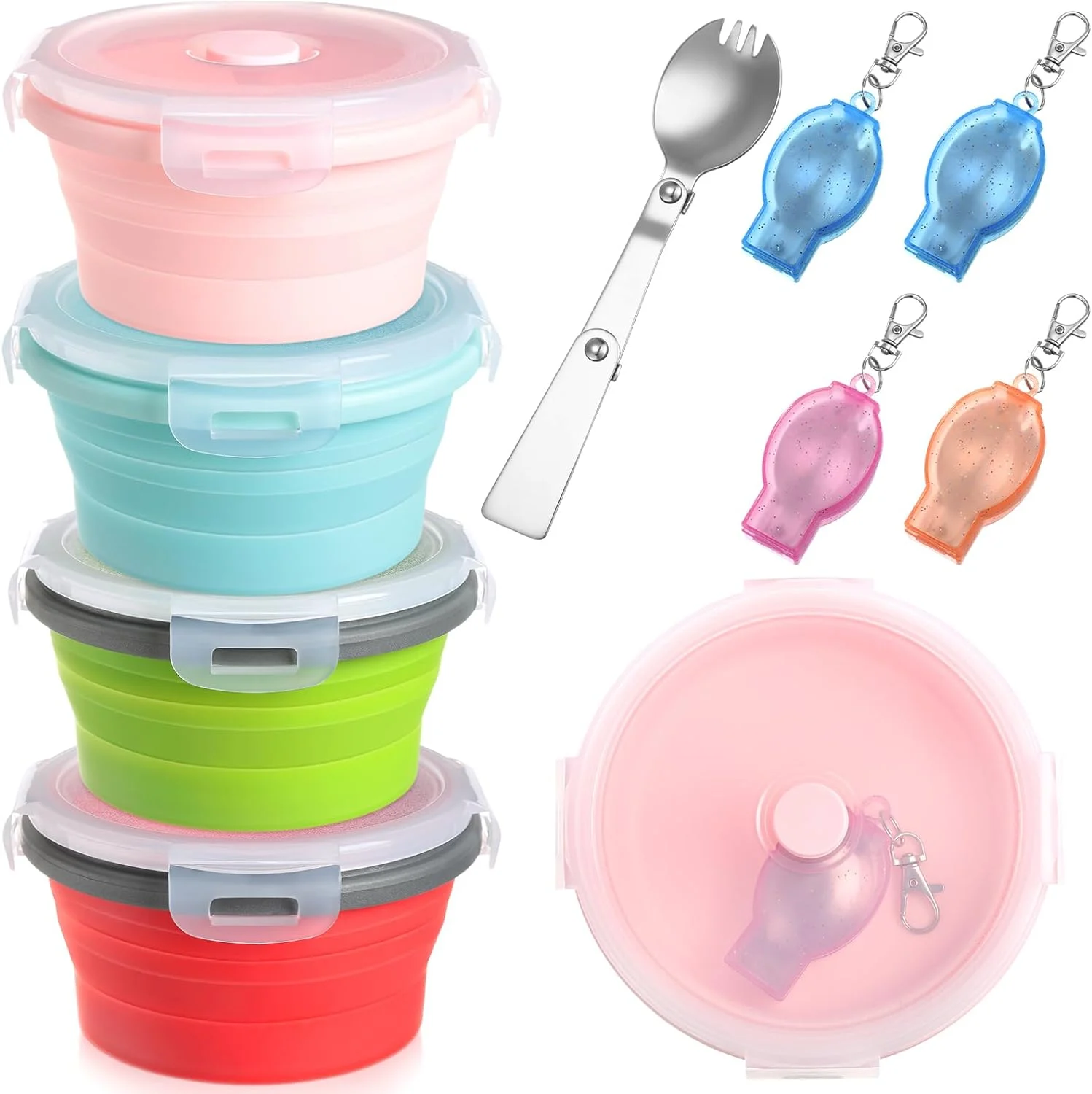 4 Set Camping Bowl with Lid Collapsible Silicone Bowl with Foldable Stainless Steel Fork Salad Bowl Portable Folding Fork Set for Travel Picnic Camping Utensils (Bright Colors,41 oz)