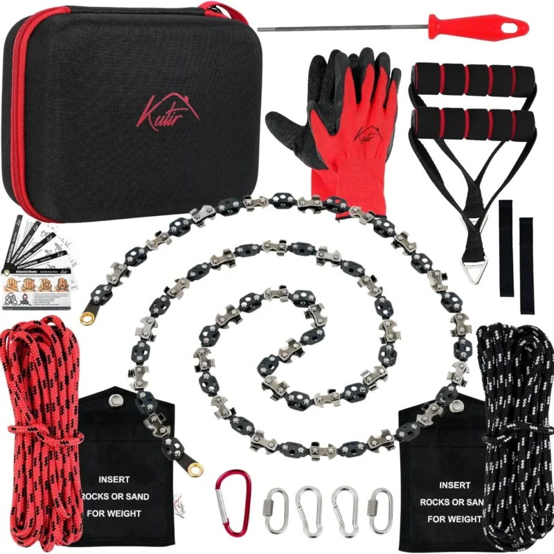 48 Inch High Reach Tree Limb Hand Rope Chain Saw - Cuts Branches Easily, Blades on Both Sides so No Matter How it Lands - Comes with Ropes, Throwing Weight Pouch Bag