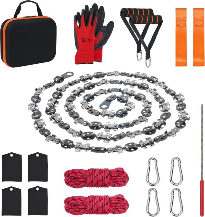 56 Inch High Limb Rope Saw with 72 Sharp Teeth Blades on Both Sides, Rope Chain Saw Kit, Rope Saw Tree Saw High, Hand Rope Chain Saw Includes Ergonomic Handles, Hand Straps and Storage Case