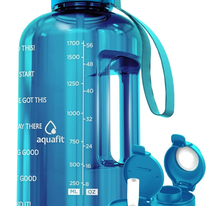 AQUAFIT 64 oz Water Bottle with Time Marker, BPA Free Half Gallon Water Bottle with Straw, Gym Water Bottle with Handle, Gallon Water Jug, Big Water Bottle, Large Water Bottle (Aqua, 64oz 2 Lids)