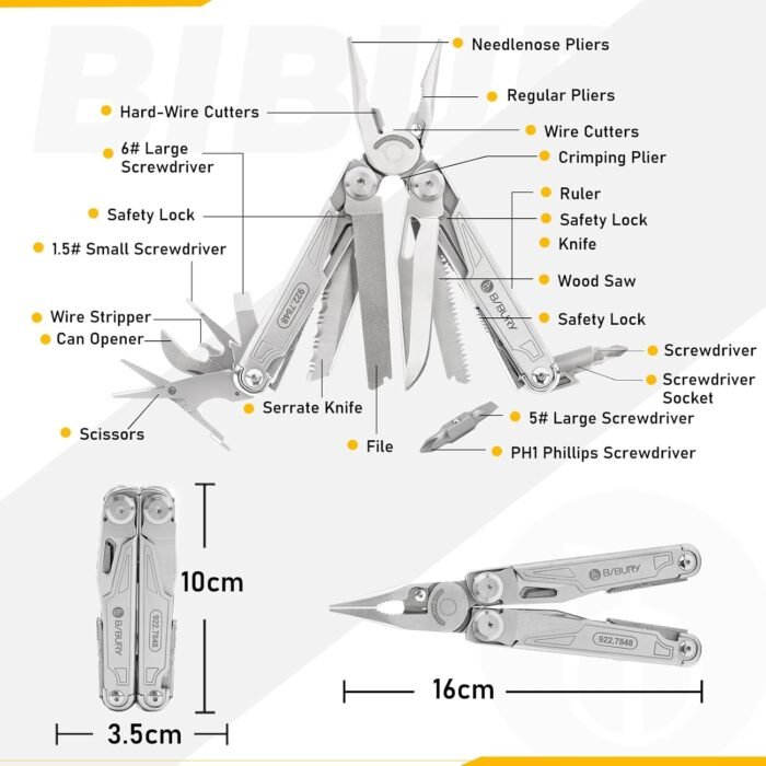 BIBURY Multitool BI2038A, 19-in-1 Stainless Steel Multi Tool with Fold-able Pliers, Screwdriver Sleeve, Scissors, Pocket Knife, Nylon Sheath, Muti-tool for Camping Survival Hiking Hunting Repairing - Image 2