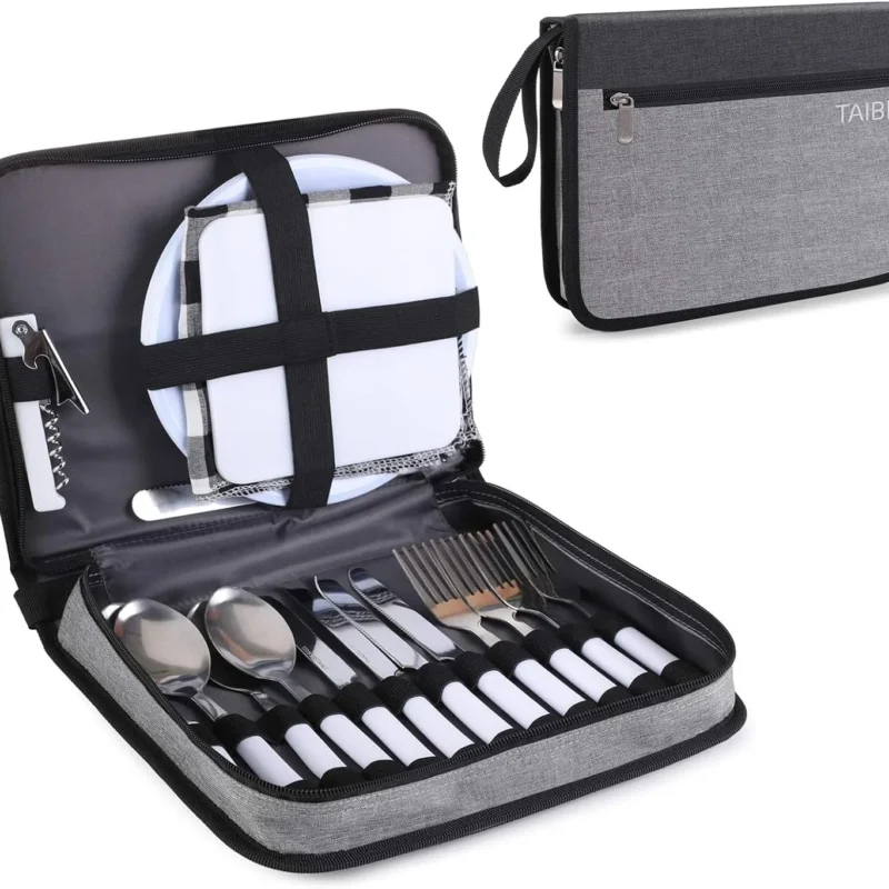 BRONZY TAIBID Picnic Set Camping Cutlery Organizer 4 Person Dinnerware Set - 24pcs Mess Kit,Portable Eating Set with Plates,Spoons,Knives,Wine Opener,Forks,Napkins (Grey)