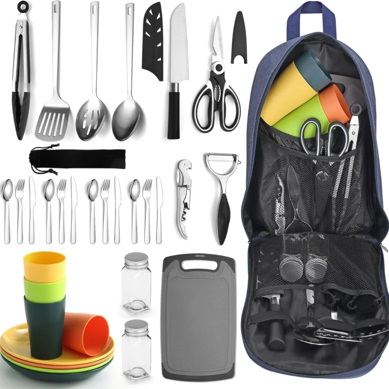 Berglander Camping Essentials, Camping Cooking Utensils Set, Camping Accessories Gear Must Haves, Come with Camping Silverware Sets, Plates and Cups, Great for Outdoor Stove, Picnic, BBQ
