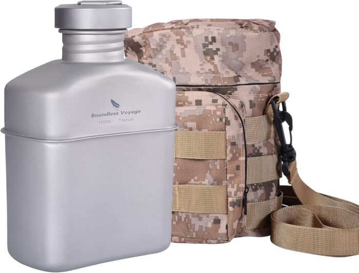 Boundless Voyage Titanium Canteen Mess Kit with Camouflage Bag Large Capacity Kidney-Shaped Camping Pot Pan Set with Lid & Hanging Chain