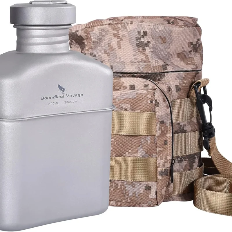 Boundless Voyage Titanium Canteen Mess Kit with Camouflage Bag Large Capacity Kidney-Shaped Camping Pot Pan Set with Lid & Hanging Chain
