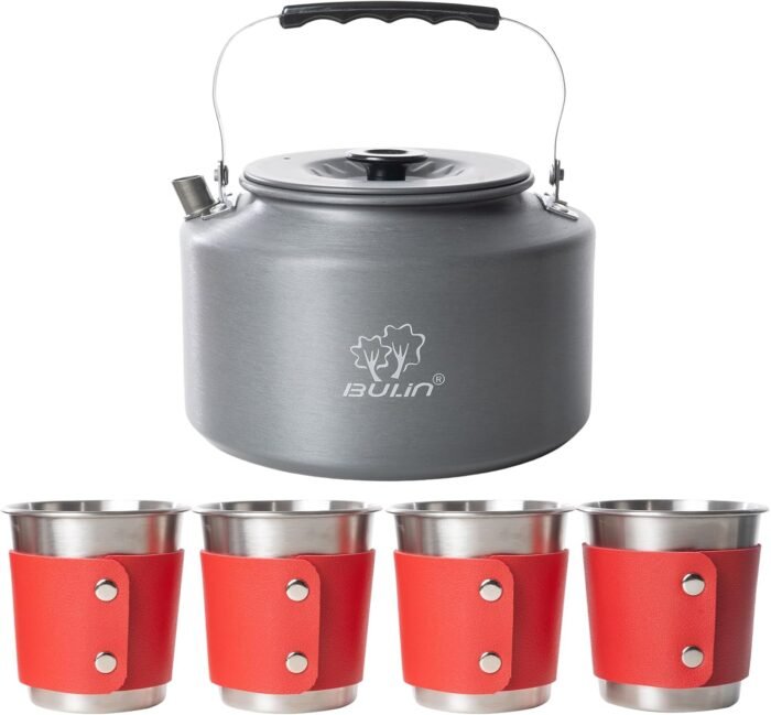 Bulin 2.2L Camping Kettle Set with 4 Cups Lightweight Aluminum Camp Tea Coffee Pot with 4 Stainless Steel Cups for Outdoor Camping Cookware Hiking Backpacking Kitchen Campfire and Picnic, Carrying Bag