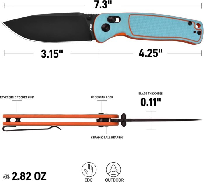 CJRB Shale Folding Pocket Knife, 3.15'' AR-RPM9 Steel Black PVD Blade Dual-tone G10 Handle Folding Knife with Clip, EDC Knife for Men Women, Sharp Camping Hiking Survival Knives J1943 Blue and Orange - Image 2