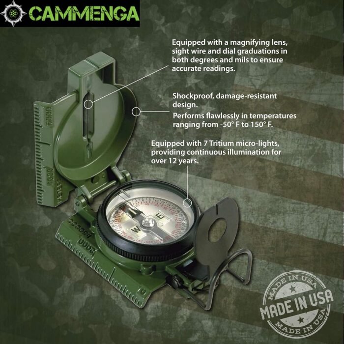 Cammenga Official US Military Phosphorescent Lensatic Compass, Olive Drab Accurate Waterproof Hand Held Compasses with Pouch for Hiking Camping Navigation Survival Backpacking Orienteering - Image 2