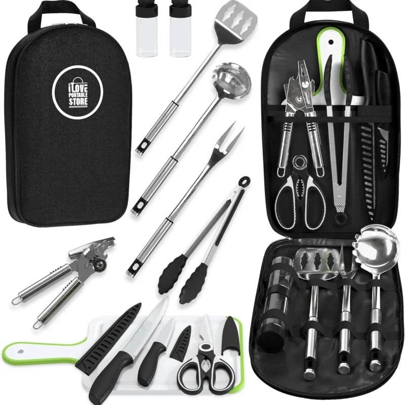 Camp Cooking Utensils | 11 Piece Camping Kitchen | RV Cookware Kit | Travel Grill Set | BBQ Accessories & Essentials for Camper