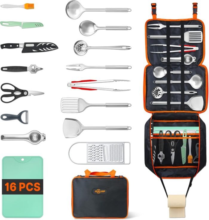 Camping Cooking Utensil Set 16 PCS (32 PCS) Camp Kitchen Utensils Kit with Organizer Case Bag, Portable RV Camping Cooking Essentials Accessories for Cookouts Stainless Steel