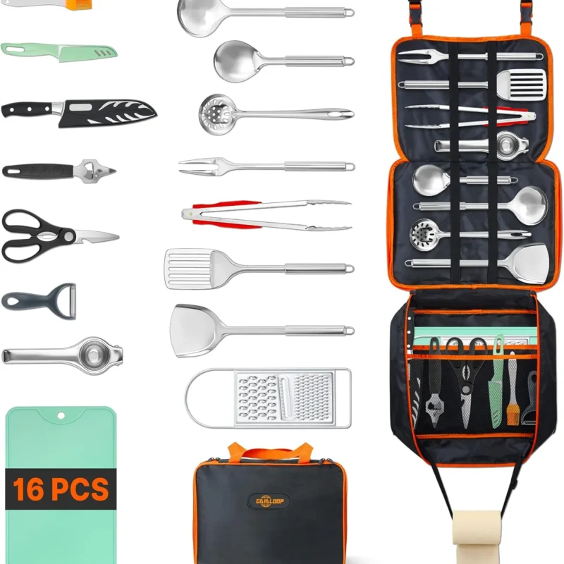 Camping Cooking Utensil Set 16 PCS (32 PCS) Camp Kitchen Utensils Kit with Organizer Case Bag, Portable RV Camping Cooking Essentials Accessories for Cookouts Stainless Steel