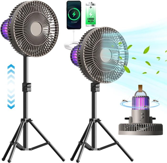 Camping Fan Battery Powered Fan with LED Lantern 10000mAh Portable Camping Fan for tents Adjustable Height Tripod Stand Fan, Battery Operated Fan USB Desk Fan Beach Fan with Hook