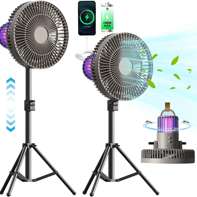Camping Fan Battery Powered Fan with LED Lantern 10000mAh Portable Camping Fan for tents Adjustable Height Tripod Stand Fan, Battery Operated Fan USB Desk Fan Beach Fan with Hook