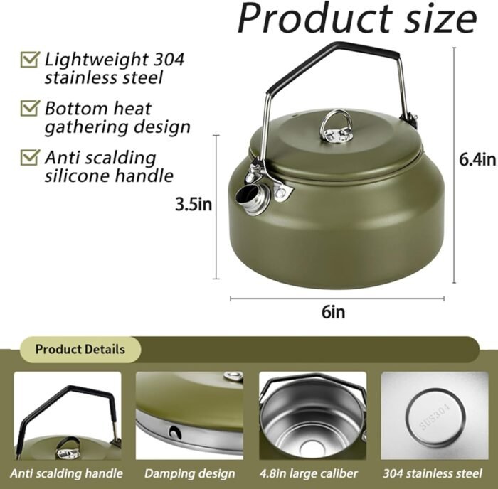 Camping Kettle Camp Tea Coffee Pot, 1L Stainless Steel Outdoor Campfire Camp kettle, Portable Lightweight Teapot Fast Heating Boiling Water, Ideal for Hiking Picnic Travel, Green - Image 2