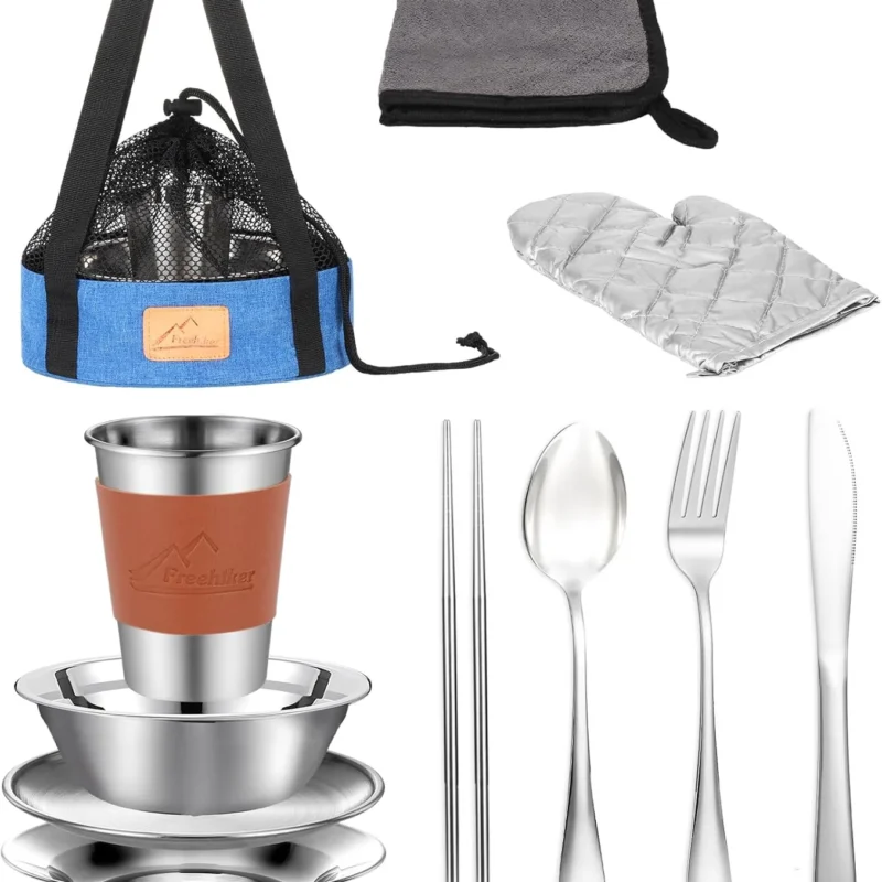 Camping Mess Kit - 1 to 2 persons Camping Dishes includes Cups, Bowls, Knives, Forks, Spoons, Camping Dinnerware Set Camping Cooking Utensils Accessories Plates Dinnerware Set