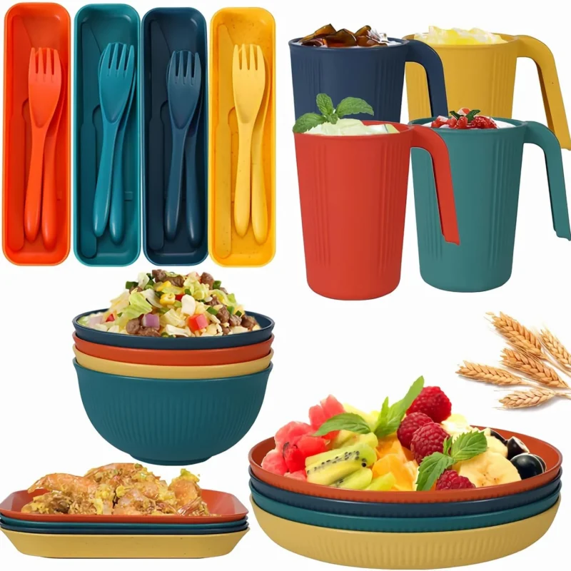 Camping Mess Kit,Unbreakable Dinnerware Set,Camping Plates and Bowls Set for 4 People,Plastic Lightweight Camping Cutlery Set includes Plates Bowls Cups Cutlery Set for Camping, Picnic, RV