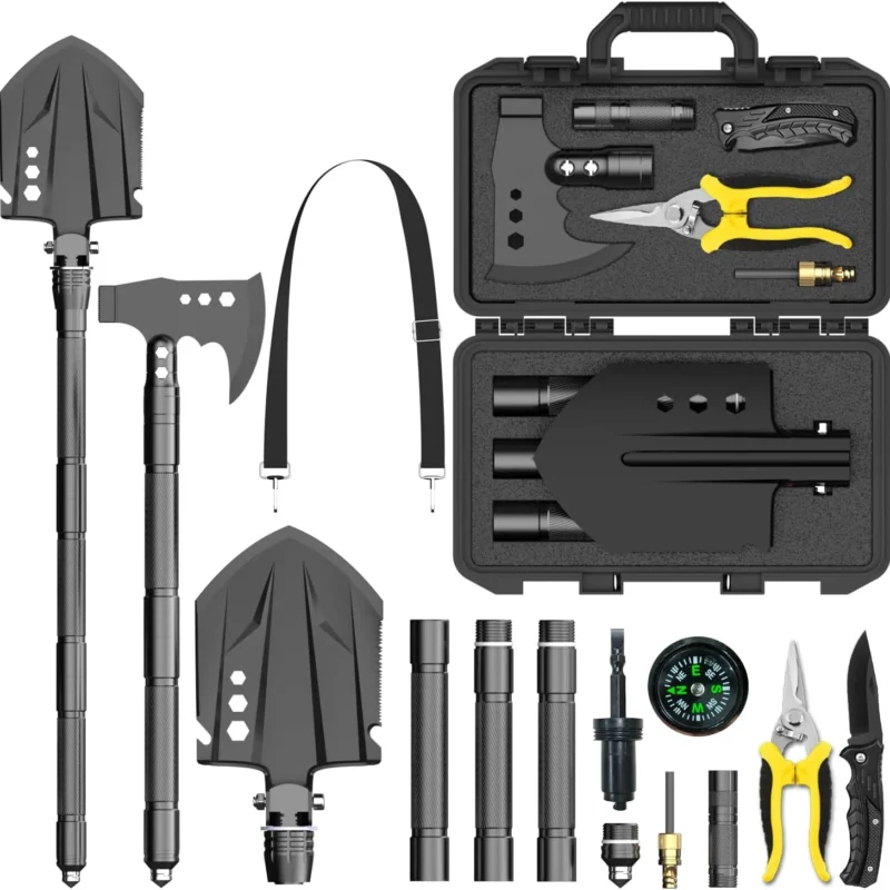 Camping Shovel Axe Outdoor Survival Shovel Set,With Axe, Flashlight, Extension Handles - For Camping, Cycling, Hiking,High Carbon Steel,storage box,Compass, screwdriver, scissors, Knife, etc.