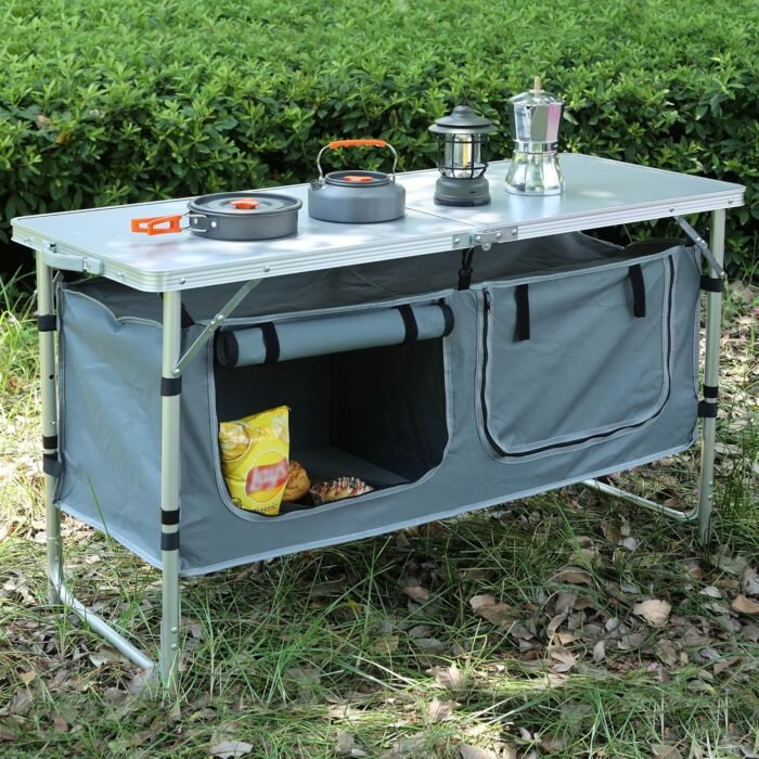 Camping Table, Outdoor Camping Table with Storage, Portable, Lightweight, 3 Height Adjustable Aluminum Composite Panel Table for BBQ, Picnic, Camping, Hiking, Beach, and Indoor Use.