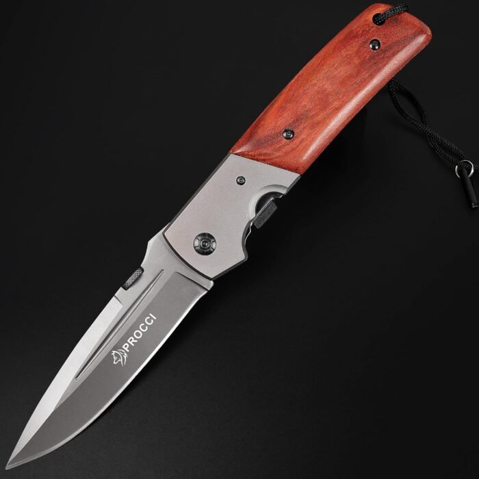 DA52 Folding Knife for Men, 11'' Hunting Pocket Knife with Wood Handle, 5'' Blade with Titanium Plated, Safety Liner Lock and Belt Clip, Survival Knife for Hiking Camping - Ideal Father's Day Gift