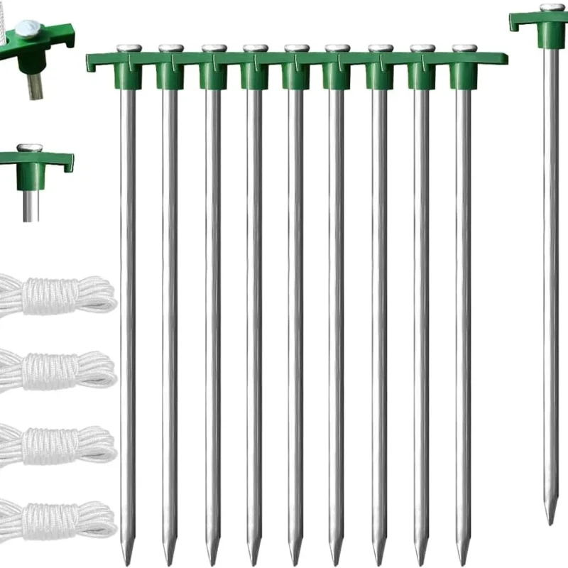 Eurmax USA Galvanized Non-Rust Camping Family Tent Pop Up Tent Stakes Canopy Anchors Heavy Duty 10pc-Pack, with 4x10ft Ropes & 1 Green Stopper