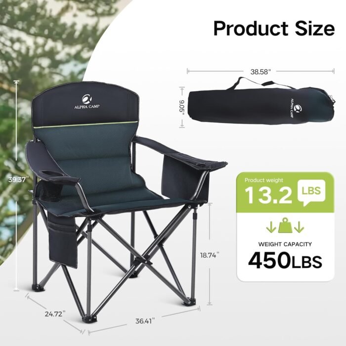 GREEN PARTY Folding Camping Chairs Oversized Heavy Duty Lawn Chair with Cooler Bag, Cup Holder, Storage Pocket, Collapsible Padded Outdoor Arm Chair Quad Lumbar Back Chair Supports 450LBS Green - Image 2