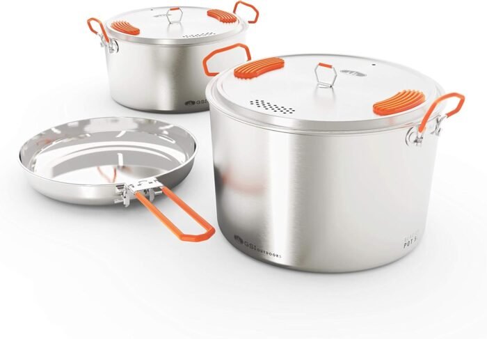 GSI Outdoors Glacier Stainless Steel Base Camper - Large - 3 Pieces Cookset - Compact, & Durable Pot Pan for Camping