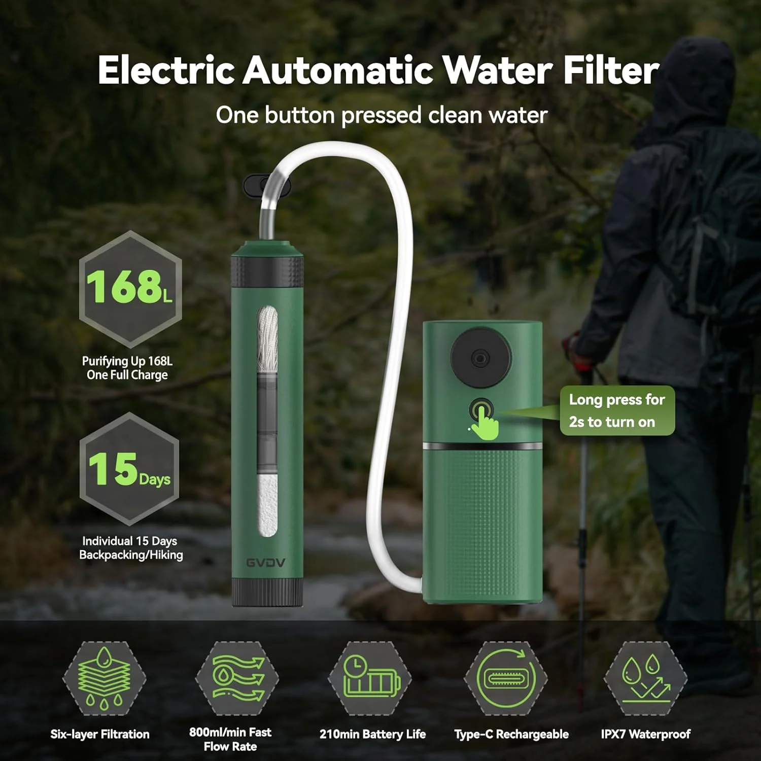 GVDV Electric Water Filter Camping, 0.01 Micron 6-Stage Portable Water Purifier Survival, Water Filtration System Survival, Camping Backpacking Travel Hiking Emergency Essentials - Image 2
