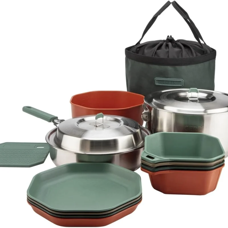 Gerber Gear ComplEAT Cook Set - Dishwasher-Safe Camping Cookware for Outdoor Cooking - Includes Saute Pan, Stock Pot, 4 Plates, 4 Bowls, Mixing Bowl & More