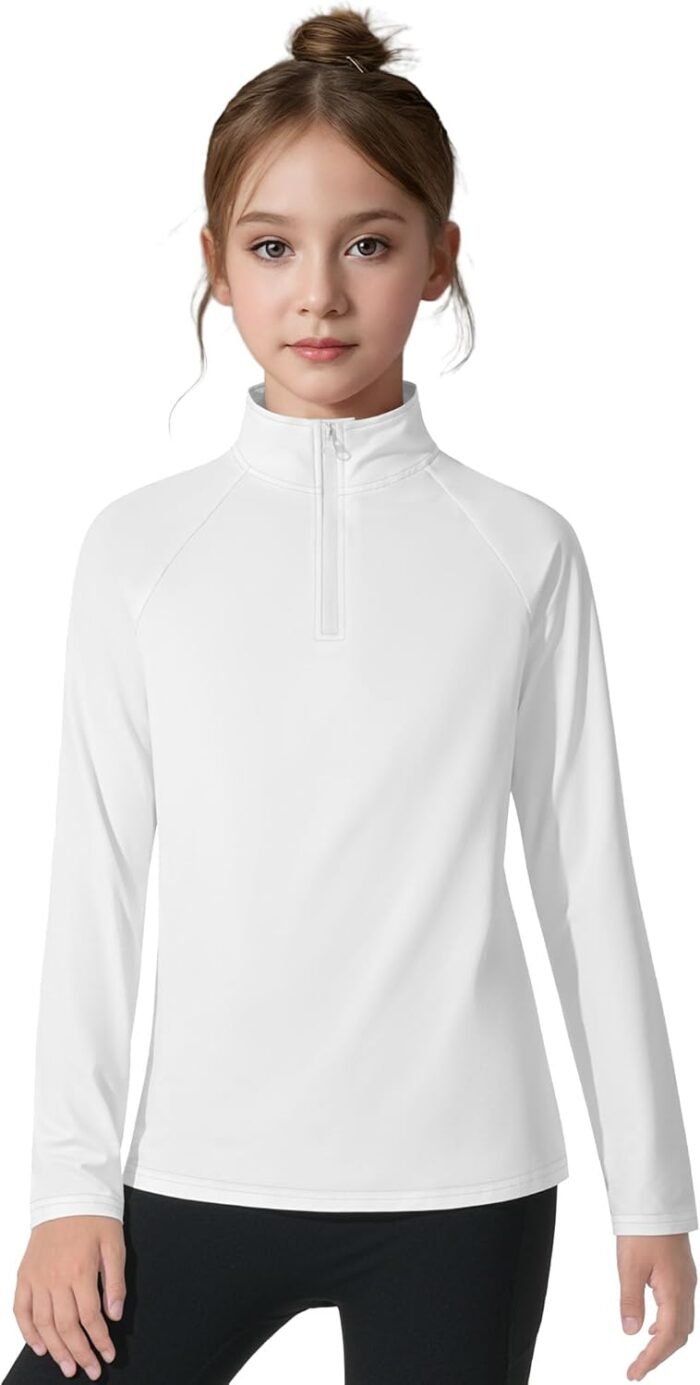 Girls Long Sleeve Shirts Quick Dry Athletic Tops Quarter Zip Pullover Kids Teens Sportswear for Golf Yoga Tennis 5-14 Years