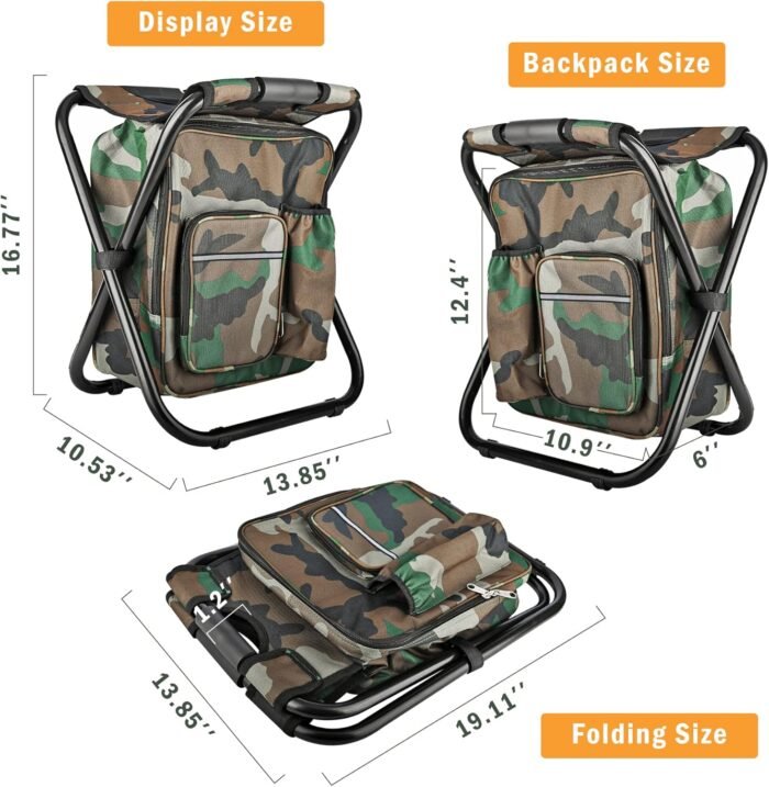 Kikerike Folding Stool Backpack Insulated Cooler Bag, Collapsible Camping Hunting Fishing Multifunction Chair with Front Pocket and Bottle Pocket for Outdoor Events, Hiking, Travel, Beach - Image 2