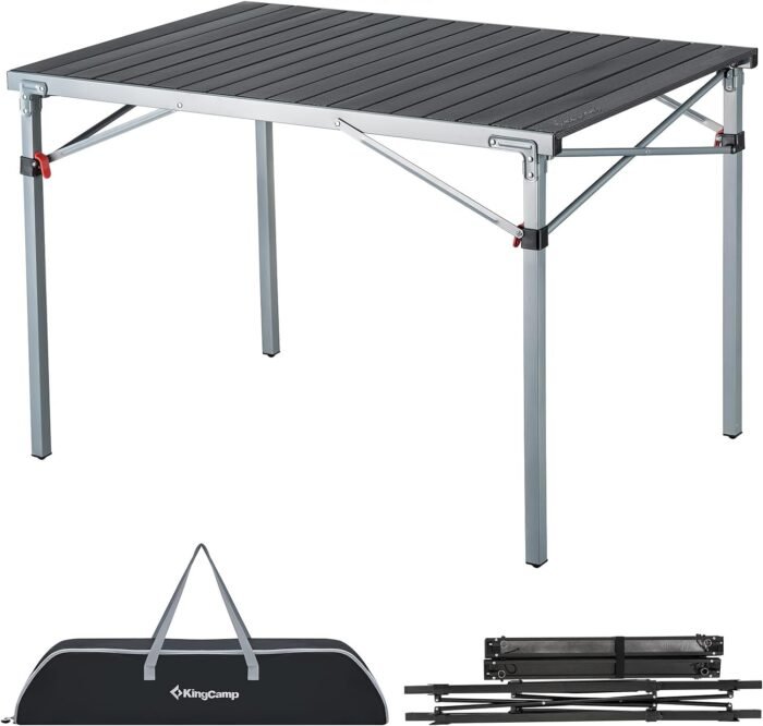 KingCamp Aluminum Folding Lightweight Roll Portable Stable Table for Camping Picnic Barbecue Backyard Party, Indoor & Outdoor, Oversize, Silver Black