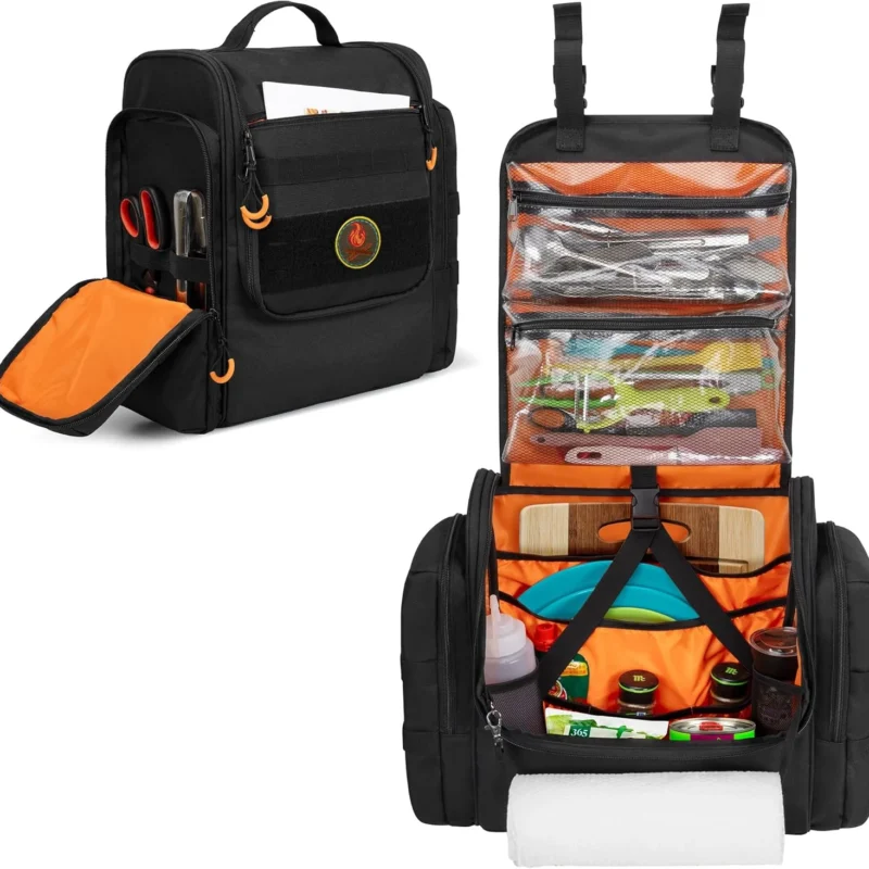 Large Tactical Camping Kitchen Organizer, Hanging Cookware Storage Bag with Paper Towel Holder & Multi Pockets, Portable Camp Utensil Organizer for Outdoor BBQ Cooking Essentials, Bag Only