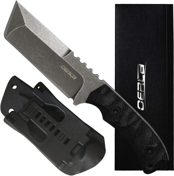 OERLA TAC Knives OLHM-012 Fixed Blade Outdoor Duty Knife Small Cleaver Knife 420HC Stonewashed Stainless Steel Field Knife Camping Knife with G10 Handle Waist Clip EDC Kydex Sheath (Black)