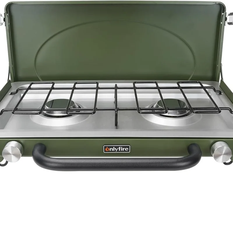 ONLYFIRE Portable Camping Stove 2-Burner, Propane Camp Stove with Foldable Legs, Camping Grill Stove with Adjustable Burners, Heavy-Duty Latch & Handle for Camping Tailgating RV BBQ, Green