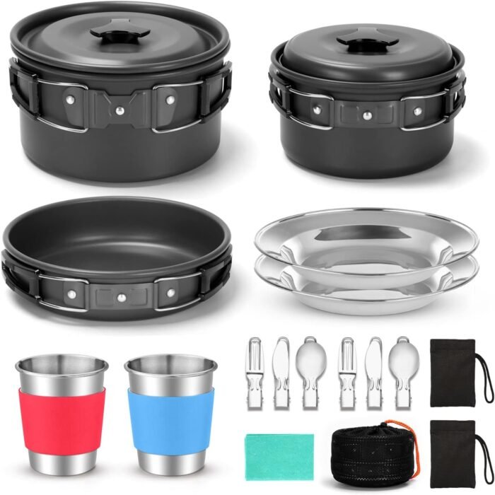 Odoland 15pcs Camping Cookware Mess Kit, Non-Stick Lightweight Pots Pan Set with Stainless Steel Cups Plates Forks Knives Spoons for Camping, Backpacking, Outdoor Cooking and Picnic