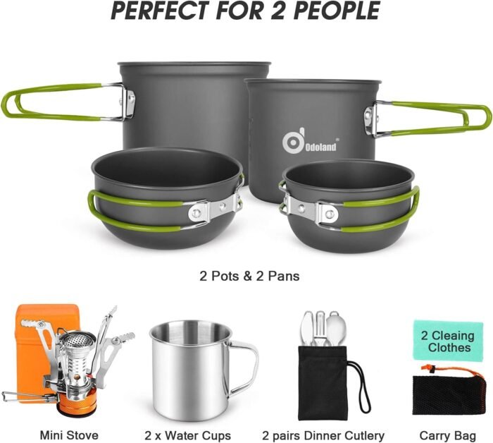 Odoland 16pcs Camping Cookware Mess Kit, Lightweight Pot Pan Mini Stove with 2 Cups, Fork Spoon Kits for Backpacking, Outdoor Camping Hiking and Picnic - Image 2