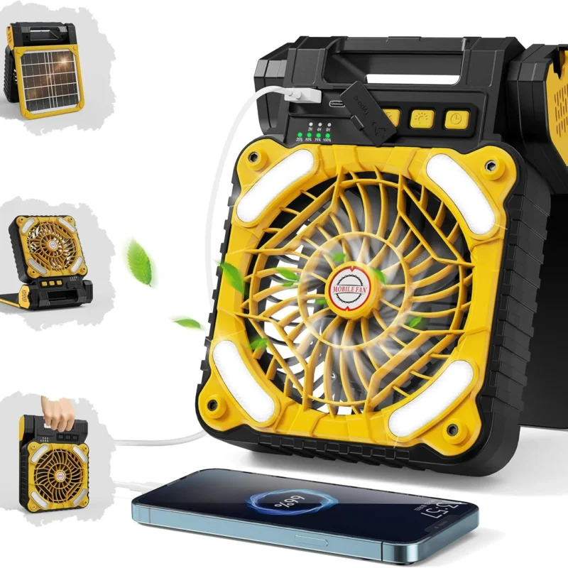 Portable Solar Camping Fan, 19240mWh Battery Powered Fan with LED Light, 4 Speeds Powerful Wind, 3 Timer, Battery Operated Fan, Rechargeable Fan for Hurricane Camping Office Fishing Travel