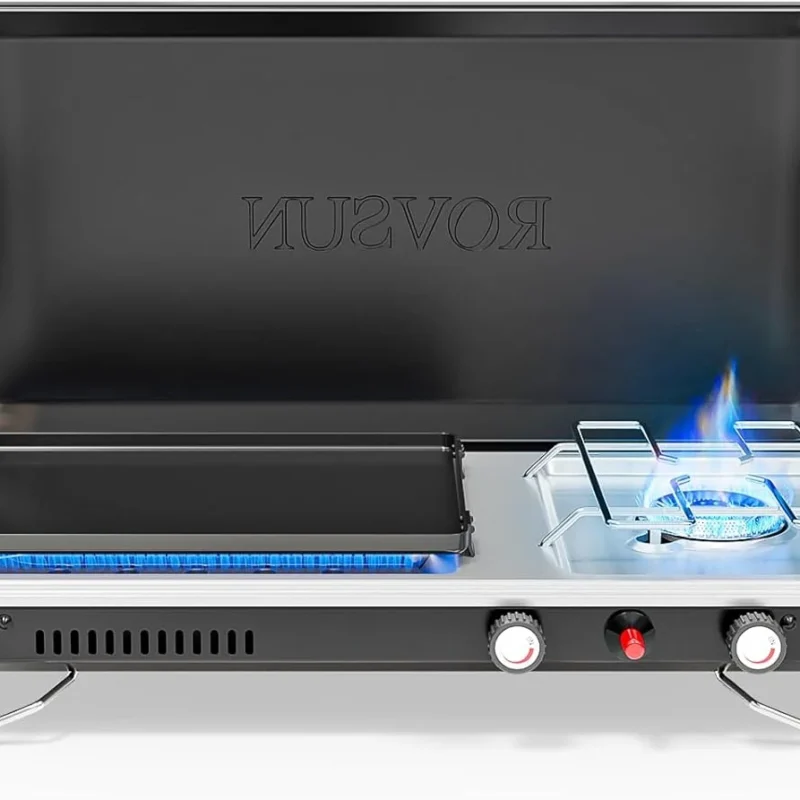 ROVSUN 2-in-1 Portable Camping Stove & Propane Grill with Enamel Griddle & Piezo Igniter, Tabletop Camp Stove with Built-in Handle, Wind Panel & Regulator for Camping, Tailgating, Grilling (Black)
