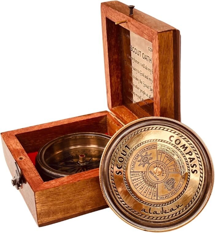 Scout Compass Gift Boys - Engraved Scout Oath Compass in wood Box Scout Always Prepared Camping Orienteering Compass, Hiking Backpacking Compass gift, 50 year calander